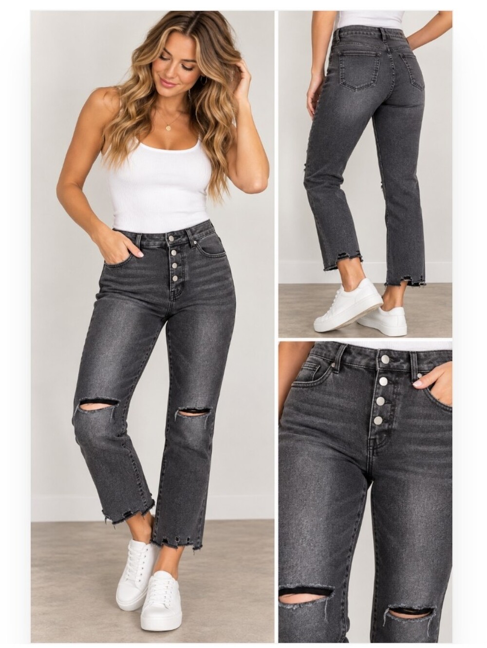 Tractr Women’s Distressed High Rise Button Fly Cropped Jeans Black Sz 10/30 New